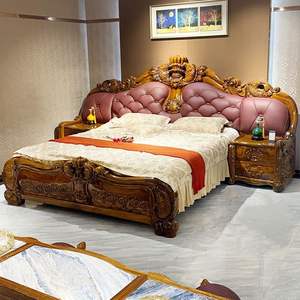 Роскошная кровать из массива дерева и кожи в китайском стиле, двуспальная кровать в новом стиле с золотой и черной отделкой для вилл и спален - Product Image 5