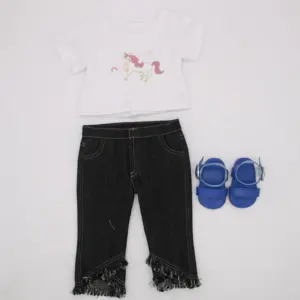 Conjunto de ropa de muñeca de 18 pulgadas, camiseta blanca y pantalones vaqueros con zapatos de muñeca, zapatillas