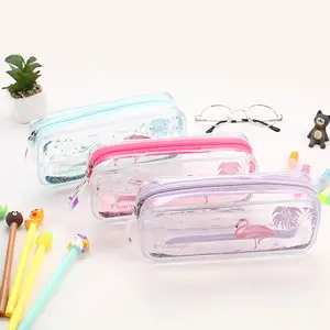 TOPSTHINK Flamingo clear pencil bag school stationery cute quicksand top large transparent pencil case for school