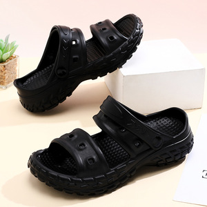 Pantoufles à semelles épaisses pour femmes, couleur unie noire, fermeture à boucle, chaussures de plage d'extérieur, confortables, résistantes à l'usure, chaussures d'eau - Product Image 1