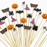 Piques alimentaires jetables pour fête d'Halloween, brochettes en bambou de haute qualité, citrouille, fantôme, chapeau de sorcière, pour apéritifs, burgers, gâteaux, Nouvel An chinois