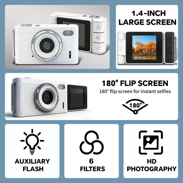 1.4 Inch Mini Portable Flip Digital Camera, 12MP Auto Focus Mini Camera with Flashlight, 2 Hours Working Time Kids Selfie Camera