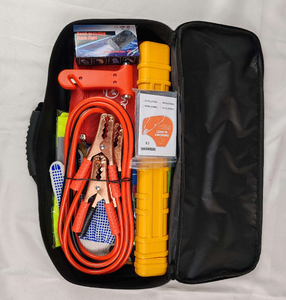 Kit d'outils de sécurité automobile d'urgence avec câbles de démarrage, trousse de premiers secours pour voiture en tissu Oxford rouge, assistance routière, garantie 1 an - Product Image 2