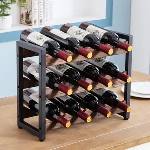 Estante de madera maciza para botellas de vino, 3 capas, 12 botellas