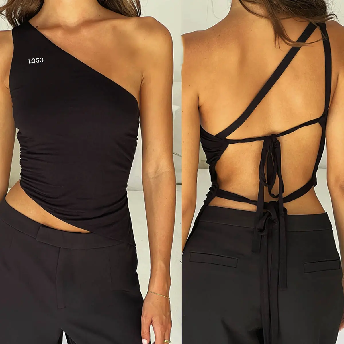 Sexy Low MOQ Best Quality Custom Logo Lace Up Backless One Shoulder y2k Cop Top Tank Top Black Fitted undershirts vest for Women