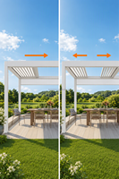 Pergola bioclimatique de luxe en aluminium Builite avec système de toit à lames motorisées rétractables et gouttières intégrées