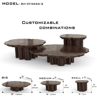 Table basse de luxe contemporaine en laiton avec placage en racine blanche et finition brillante, design unique en anneau de bois