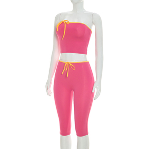 Viviblook Q26ST074 Women Summer Color Blocking <b>Set</b> Sleeveless <b>Sexy</b> Strapless Crop Top Tight Cropped Pants Two Piece <b>Set</b> - Product Image 4