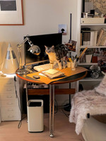 Table à manger ronde de style mid-century, style nordique Bauhaus, pieds en acier inoxydable, blanc crème, idéale pour les petites maisons