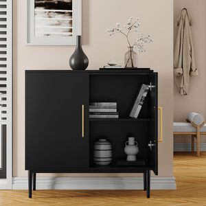 Buffet en bois autoportant, armoire de rangement noire avec portes, pour chambre à coucher, cuisine, bureau à domicile - Product Image 5