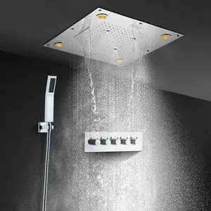 Concealed Mixer 24 Inch Chrome 4 Functions Sus304 Thermostatic Shower Set Rain Massage Spa Led Lights Music Shower Head System