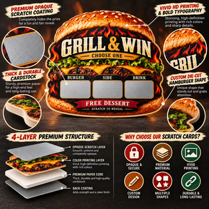 Cartes à gratter personnalisées sur mesure pour restaurants, cartes-cadeaux promotionnelles instantanées pour la restauration rapide, cartes de réduction pour hamburgers - Product Image 3