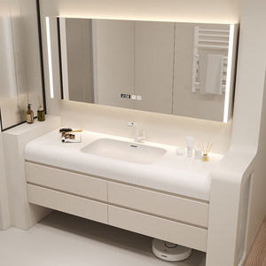 Meuble-lavabo flottant blanc crème moderne, armoire en bois massif avec miroir LED intelligent, lavabo intégré - Product Image 3