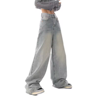 Haute Qualité Baggy Jambe Droite Étage Longueur Vintage Lavé Gris Singe Lavé Denim Pantalon Femmes Jeans