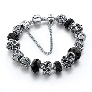 Silver plated handmade black crystal beads murano glass bead charm bracelet