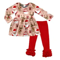 Dropship Set Celana Ruffle Santa Claus, Pakaian Pohon Natal Anak Perempuan Butik Musim Dingin Balita Set