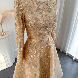 Vestido de Fiesta LSCZ81 con Cuello Redondo, Manga Larga, Línea A, Organza, Pliegues, Lentejuelas, Patrón 3D, Largo hasta la Rodilla, Cintura Natural, para Mujer - Product Image 2