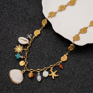 Collier multi-breloques pour femme Ocean Treasure, plaqué or 18 carats, chaîne à maillons coquillages, agate naturelle, pendentifs vie marine en aquamarine CL26-216 - Product Image 2
