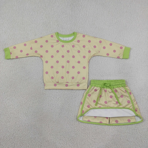 Ensemble sweat-shirt et short en coton à pois pour bébés de 0 à 24 mois, tenue décontractée, bordure verte, base jaune, imprimé pois roses - Product Image 3