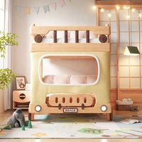 Casa de autobús de dos pisos de madera maciza, tienda de campaña, litera para niños con luz LED
