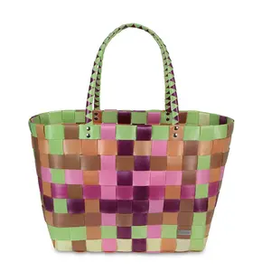 Bolso de mano de piel sintética tejido al por mayor, bolso de mano de colores mezclados con manchas, práctico bolso de hombro colorido y duradero para mujer