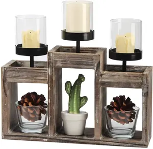 Wooden Decorative Candle Holder Center, 3 Glass Wishing Cups Wooden Base/Tray