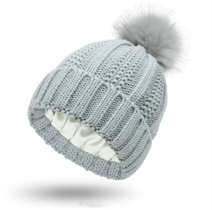 Womens Winter Thermal Knitted Faux Fur Pom <b>Beanie</b> Hat <b>Satin</b> <b>Lined</b> Hair Protection Hat - Product Image 6