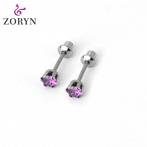316LStainless Teel <b>Silver</b> Plated Screw Back StudEarrings Pink CZ Stone Four-Prong Setting Hypoallergenic Durable Cartilage <b>Studs</b> - Product Image 2