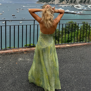 Vestido Maxi de Verano para Mujer, Estampado Floral Verde, Transpirable, Estilo Informal para Playa, Fiesta o Vacaciones, Corte en A, Sin Mangas, Espalda Descubierta - Product Image 6