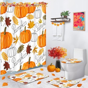 Cortina de Ducha de Poliéster con Diseño de Calabazas Naranjas y Hojas de Otoño, Impresión Digital, Impermeable, Personalizada, Moderna, Venta al Por Mayor - Product Image 1