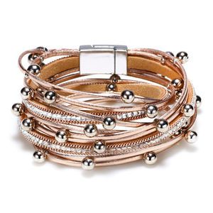Fashion Charm <b>Bracelet</b> Multi Layer Leather Magnetic Clasp Rhinestone <b>Ball</b> Beads Wrap <b>Bracelet</b> For Women Gift Jewelry - Product Image 1