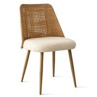 Ensemble de chaises de salle à manger en rotin pour l'extérieur, dossier tissé avec siège en coton et lin rembourré, pieds en métal en placage de chêne, rembourrage en éponge confortable