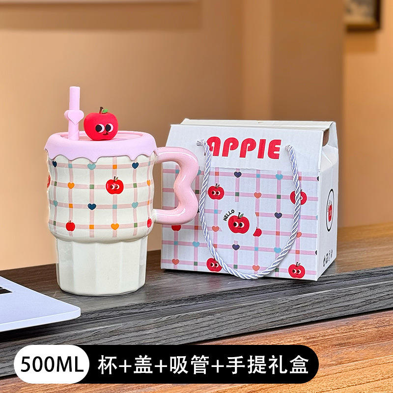 Coffret cadeau avec couvercle de tasse à pommes à carreaux et paille