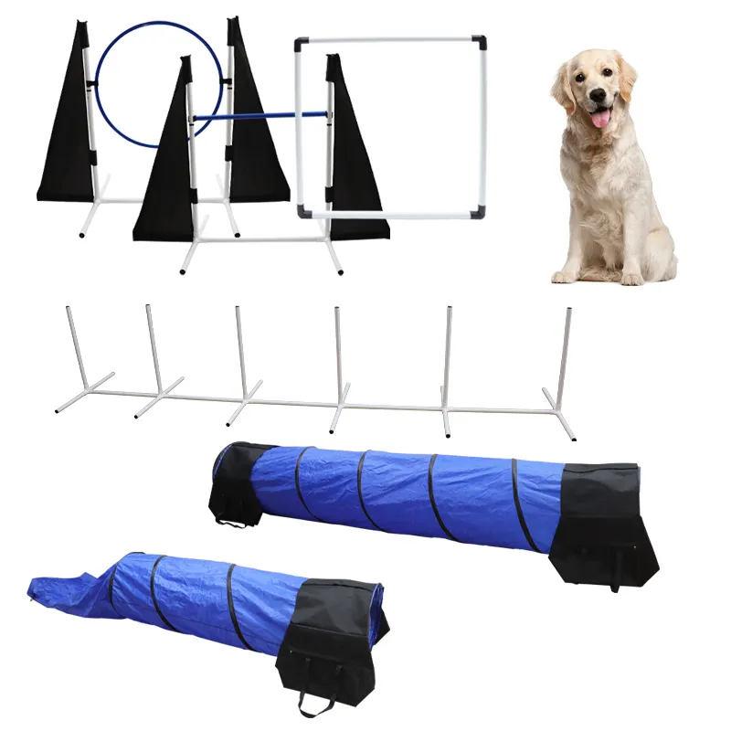 Dog Agility Training Equipment for Dogs with 2 tunnel Slalom Poles/1 Hurdle Set/1 Tire Set & Carrying Bag