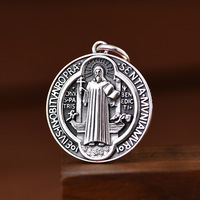 Collar con Colgante de Medalla de San Benito en Plata S925, Estilo Vintage, Acabado Antiguo, Amuleto Religioso para Niños, Hombres y Mujeres