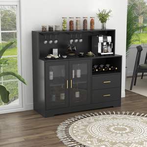Meuble bar moderne noir pour la maison avec éclairage LED, station de café avec porte-bouteilles et portes vitrées, grand <span class=keywords><strong>buffet</strong></span> de rangement - Product Image 4