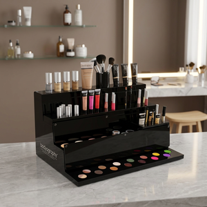 Moderno expositor de cosméticos acrílico de varios niveles con 3 estantes, organizador de escritorio negro brillante para productos de maquillaje - Product Image 2