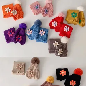 Nouvelle arrivée enfants patch épais hiver chaud tricoté doux pompon enfants écharpe bonnet chapeau ensemble