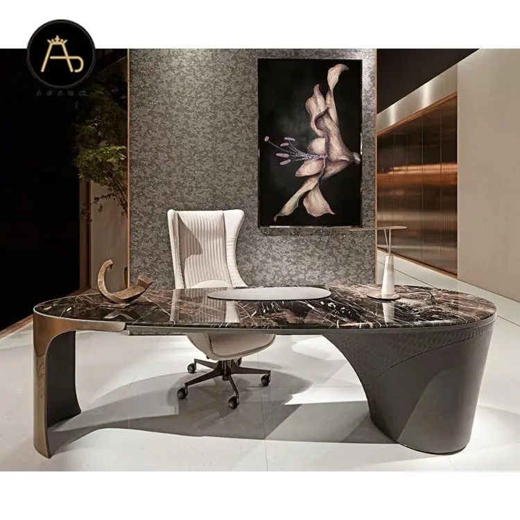 Newest luxury italian design home office furniture set marble with leather office desk