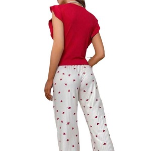 Ropa de dormir de estilo europeo americano <span class=keywords><strong>para</strong></span> mujer, pijama informal a rayas hundidas <span class=keywords><strong>con</strong></span> <span class=keywords><strong>pantalones</strong></span> <span class=keywords><strong>con</strong></span> volantes y estampado de corazón que se puede <span class=keywords><strong>usar</strong></span> - Product Image 5