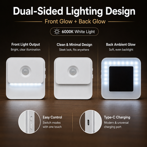 Dual-Sided Rechargeable <b>Motion</b> <b>Sensor</b> <b>LED</b> Night <b>Light</b>, 6000K Stepless Dimmable Type-C Wall <b>Light</b> for Bedroom Hallway Stairway - Product Image 2