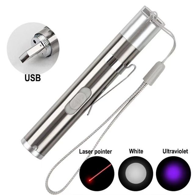 3-in-1 Mini USB Rechargeable Pocket Penlight Red Laser Pointer UV Flashlight 35-100 Lumens Aluminum Multi-Function Pets IP55