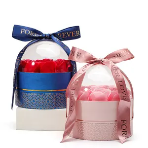 New Arrival Unique Mother's Day Valentine's Day Wedding Gift Rose Flower Acrylic Round Bow Paper Velvet Jewelry Box