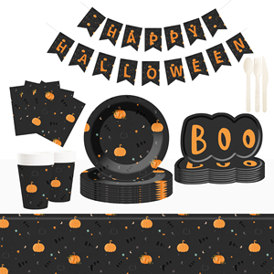 DAMAI - Kit de Fiesta Temática de Halloween con Platos Desechables de Papel Negro, Vasos, Pancarta y Juego de Cubiertos - Product Image 1