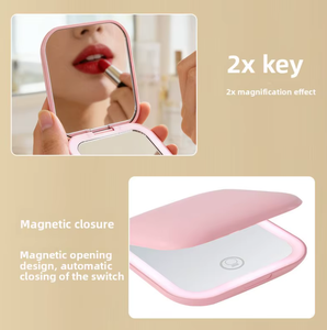 Square Led Portable Touch Screen Cute Makeup <strong>Mirror</strong> <strong>Vanity</strong> With Lights Pocket Make up Hand <strong>Mirror</strong> pink Solid Color Minimalism - Product Image 3
