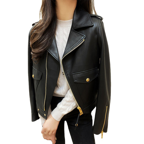 3155  Genuine Sheep Leather Jacket Long Sleeves Woman 100% Leather Zipper Biker Jackets