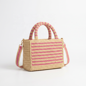 Woven <b>Raffia</b> Summer <b>Shoulder</b> <b>Bag</b> with Zip Closure Rope Handles Color Block Casual Tote for Daily Use - Product Image 3