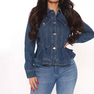 Veste en jean délavée décontractée à volants à la taille pour femmes - Product Image 1