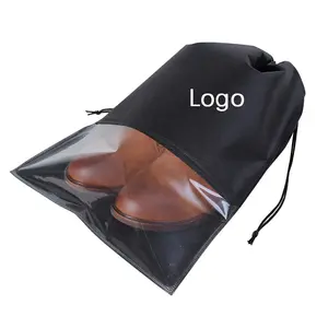 Custom Logo Travel Shoe Storage Bag With Clear Window Non-Woven Drawstring Dust Bag for Shoe