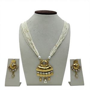 Elegant 925 Silver <b>Pearl</b> Beaded <b>Necklace</b> <b>Set</b> Gold Plated Traditional Pendant and Matching Stud Earrings Wedding Festive Wear - Product Image 1